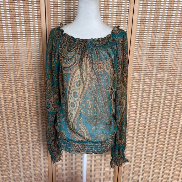 Vintage Y2K Rave boho turquoise and tan paisley print long sleeve blouse - Picture 3 of 6